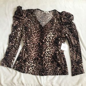 Leopard Long Sleeve V-Neck Top Puff Shoulder XL